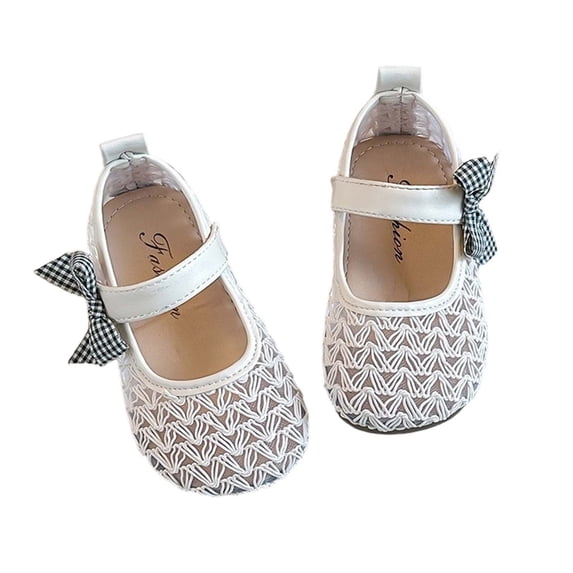 Gpaecead Girls Mesh Mary Jane Flats Plaid Bow Strap Breathable Summer Casual Soft Sole Non Slip Beach Shoes, B-White