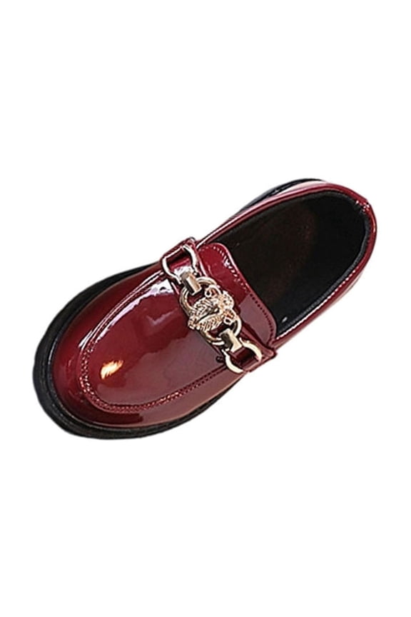 Girls Metal Ornament Loafers Solid Color Soft Sole Faux Leather Casual Flats For School Spring Summer, Burgundy