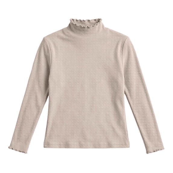 Gpaecead Girls Mock Neck Long Sleeve T Shirt Ruffle Trim Solid Color Stretchy Basic Top For School Daily Comfort Beige