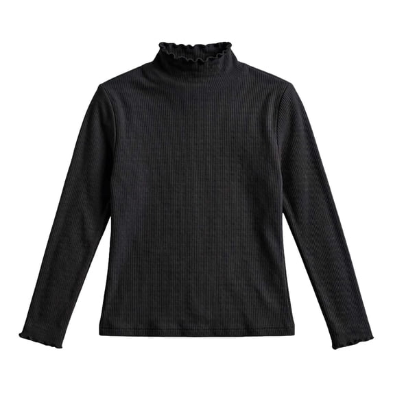 Gpaecead Girls Mock Neck Long Sleeve T Shirt Ruffle Trim Solid Color Stretchy Basic Top For School Daily Comfort Black