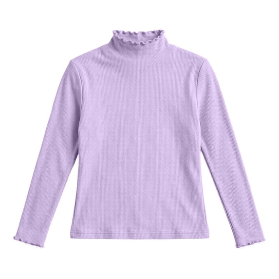 Gpaecead Girls Mock Neck Long Sleeve T Shirt Ruffle Trim Solid Color Stretchy Basic Top For School Daily Comfort Purple