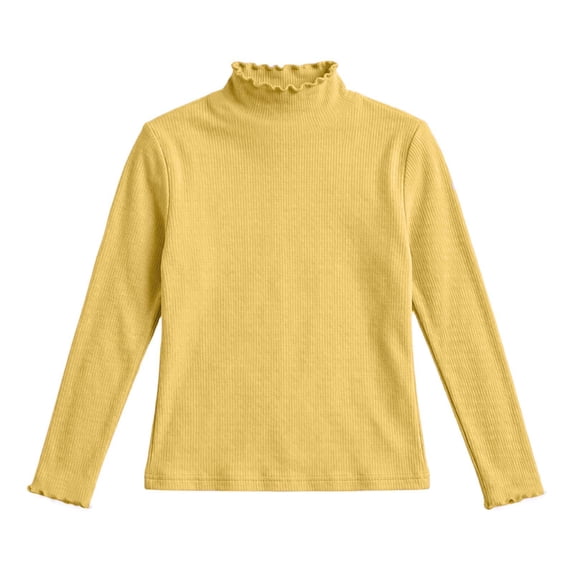 Gpaecead Girls Mock Neck Long Sleeve T Shirt Ruffle Trim Solid Color Stretchy Basic Top For School Daily Comfort Yellow