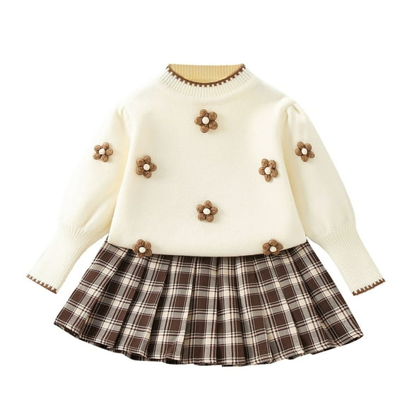 Gpaecead Girls Princess Skirt Set Long Sleeve Plaid Pleated Skirt 2 Piece Set Knitted Sweater Dress Suit 2-11Y White