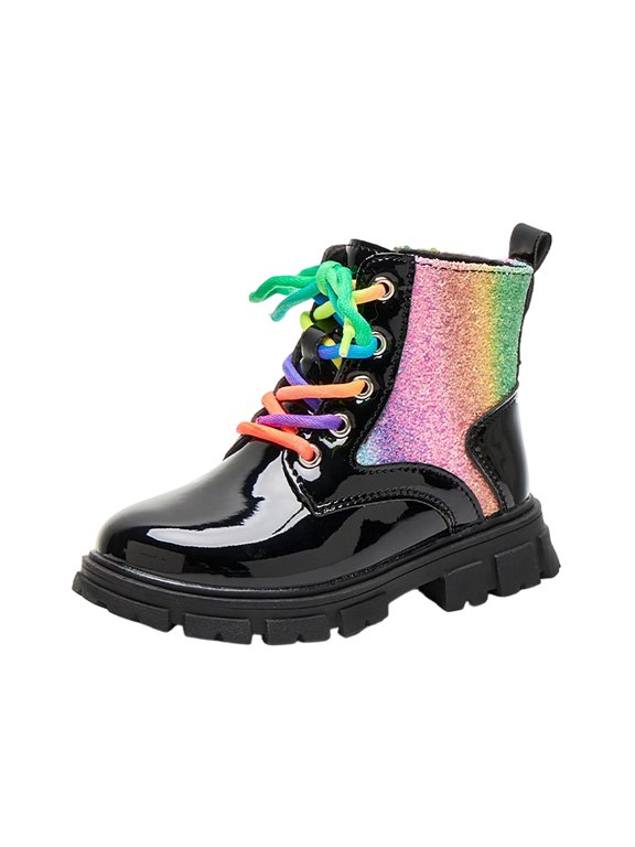 Girls Rainbow Glitter Ankle Boots Round Toe Faux Leather Side Zipper Lace Up Thick Sole Shoes for Fall Winter Black
