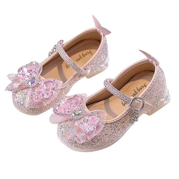 Gpaecead Girls Rhinestone Bow Crystal Princess Shoes Faux Leather Casual Flats For Party Wedding Dance Performance,A-Pink