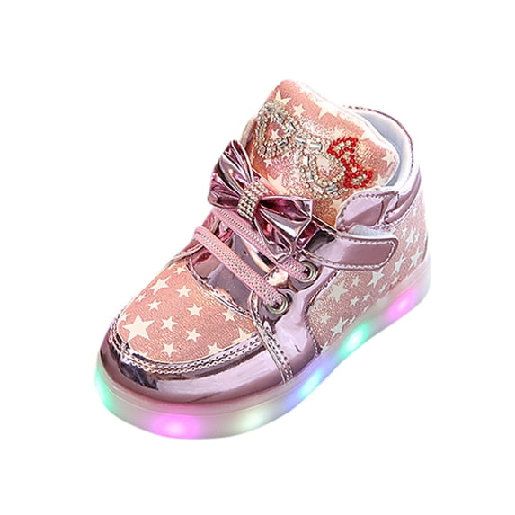 Gpaecead Girls Rhinestone Bow Light Up Sports Shoes Faux Leather Soft Sole Non Slip Kids Casual Running Sneakers Led Flats, Pink