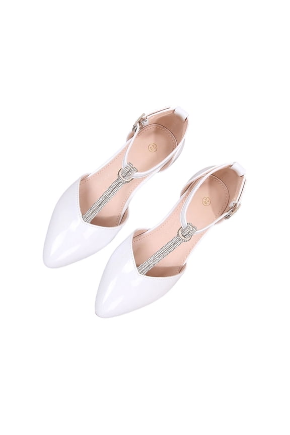 Girls Rhinestone Pointed Toe Mary Jane Flats One Strap Non Slip Sole French Style Dress Shoes For Party,White