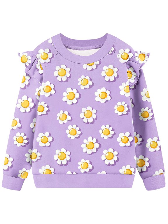 Girls Ruffle Shoulder Daisy Print Sweatshirt Crewneck Long Sleeve Loose Fit Pullover Top with Ribbed Cuffs for Casual Purple