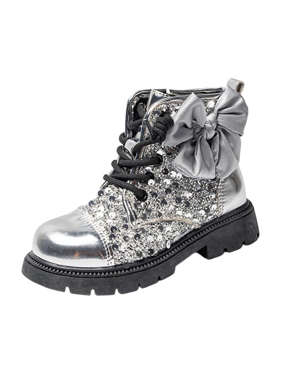 Girls Sequin Bow Ankle Boots Sparkly Princess Metallic Toe Non Slip Booties For Party Wedding Performance Daily Wear A-Silver