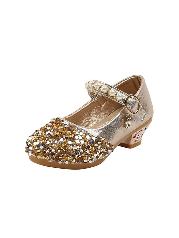 Girls Sequin Pearl Princess Dance Shoes Solid Color Non Slip Low Heel Performance Shoes For Kids, Gold