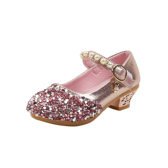 Gpaecead Girls Sequin Pearl Princess Dance Shoes Solid Color Non Slip Low Heel Performance Shoes For Kids, Pink