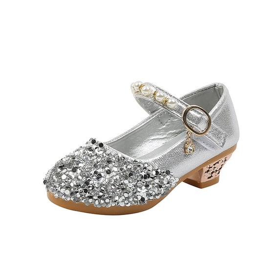 Gpaecead Girls Sequin Pearl Princess Dance Shoes Solid Color Non Slip Low Heel Performance Shoes For Kids, Silver