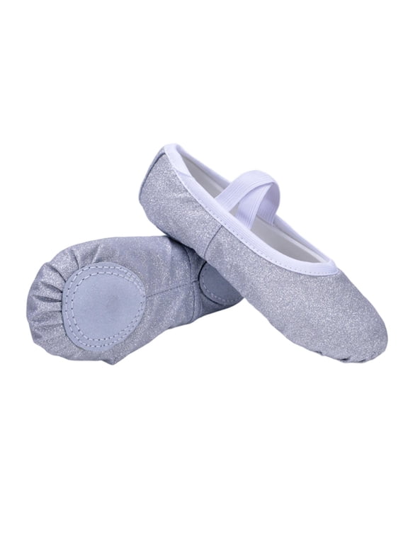 Girls Sequins Ballet Practice Flats Solid No Tie Soft Sole Dance Shoes For Big Kids Yoga Gymnastics, Silver
