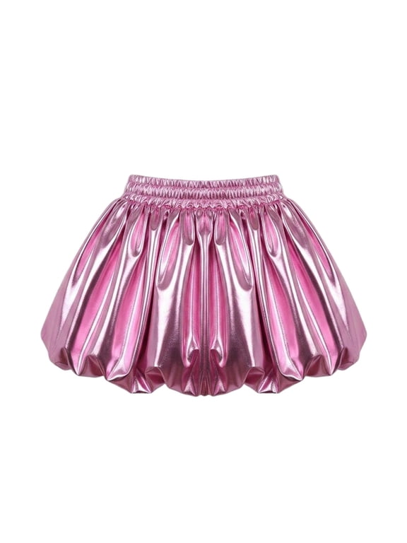 Girls Shiny Puffy Mini Skirt Faux Leather High Waist Wet Look A Line Bubble Skirt for Party Clubwear Pink