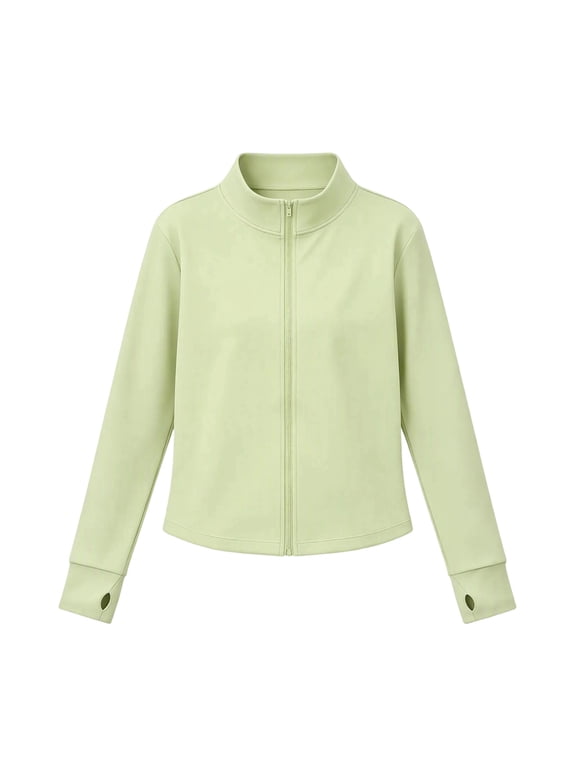 Girls Slim Fit Zip Up Athletic Jacket Stand Collar Quick Dry Thumbhole Yoga Top For Sports Causal Green