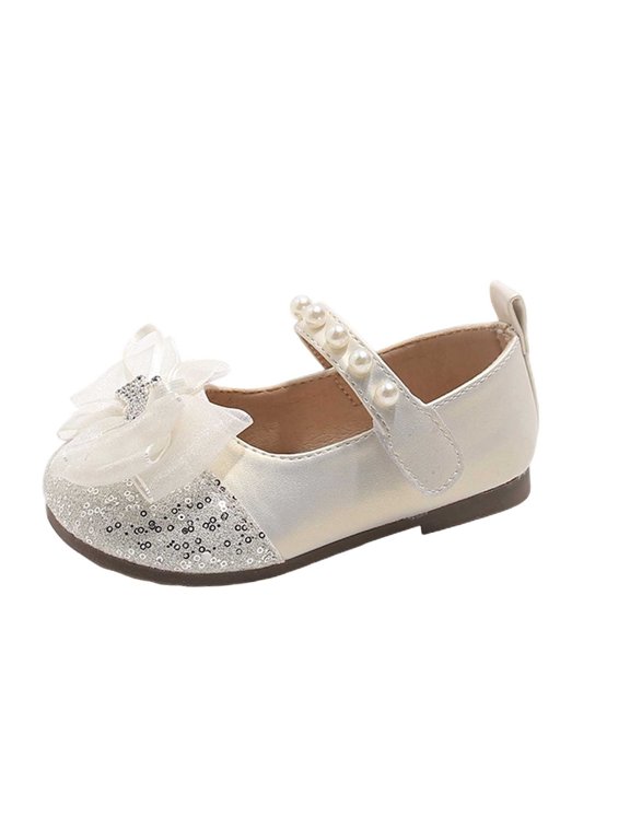 Girls Tulle Bow Pearl Sequin Flat Shoes Faux Leather Soft Sole Casual Outdoor Comfortable Flats For Party, Beige
