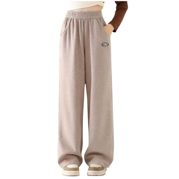 Gpaecead Girls Wide Leg Sweatpants Solid Color Pockets Teen Girls Baggy High Waist Plush And Comfortable Trousers 4-14 Years Khaki