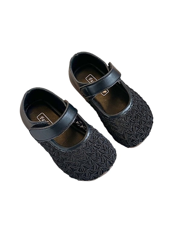 Girls Woven Mary Jane Flat Shoes Closed Toe Soft Sole Hook And Loop Adjustable Spring Summer Casual Shoes,Black