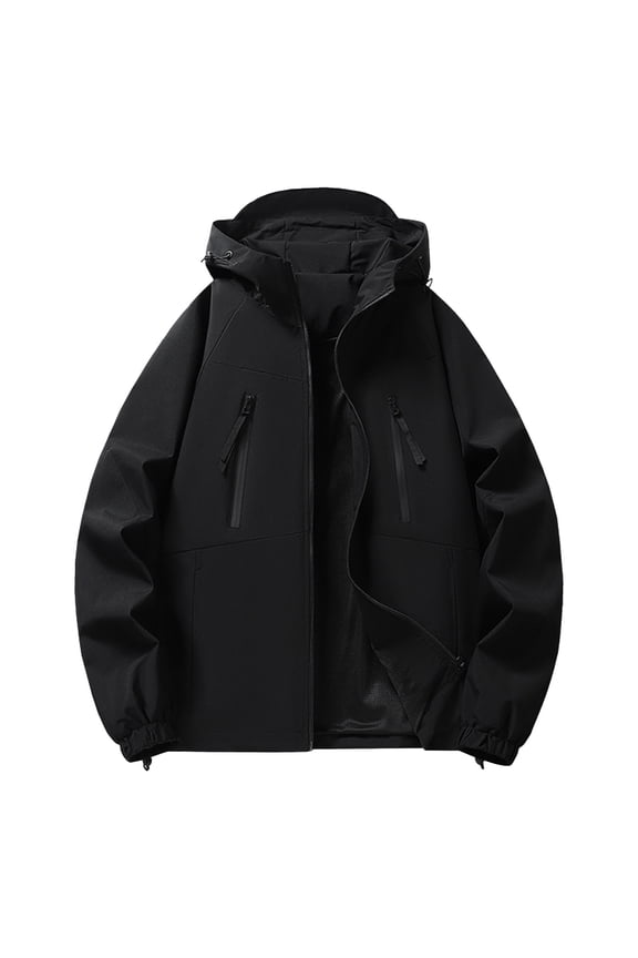 Hiking Jackets Men's Casual Fashion Solid Color Long Sleeved Hooded Zipper Pocket Stormtrooper Jacket Outdoor Windbreaker Black