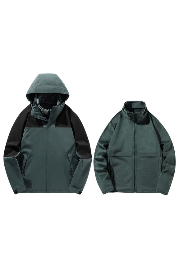 Hiking Jackets Men's Outdoor Solid Color Windproof Removable Inner Liner Pocket Zipper Jacket Outdoor Windbreaker Green