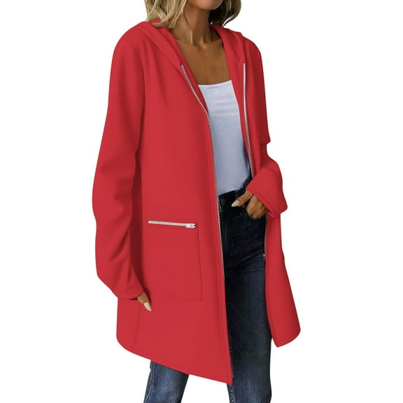 Gpaecead Hoodies Sweatshirts Women's Solid Color Long Sleeved Hooded Sweater Jacket With Pockets Red