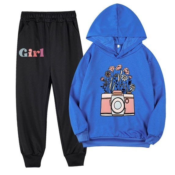 Gpaecead Kid's Fall Outfits For Girl Boy Floral Long Sleeve Hooded Top Pants Casual And Comfortable Two-Piece Set Blue