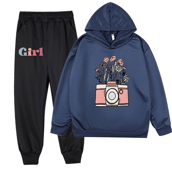 Gpaecead Kid's Fall Outfits For Girl Boy Floral Long Sleeve Hooded Top Pants Casual And Comfortable Two-Piece Set Navy