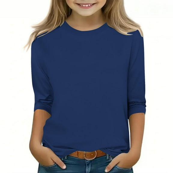 Gpaecead Kid's Girls 3/4 Sleeve Shirts Fashion Solid Color Round Neck Tops Shirt Blue