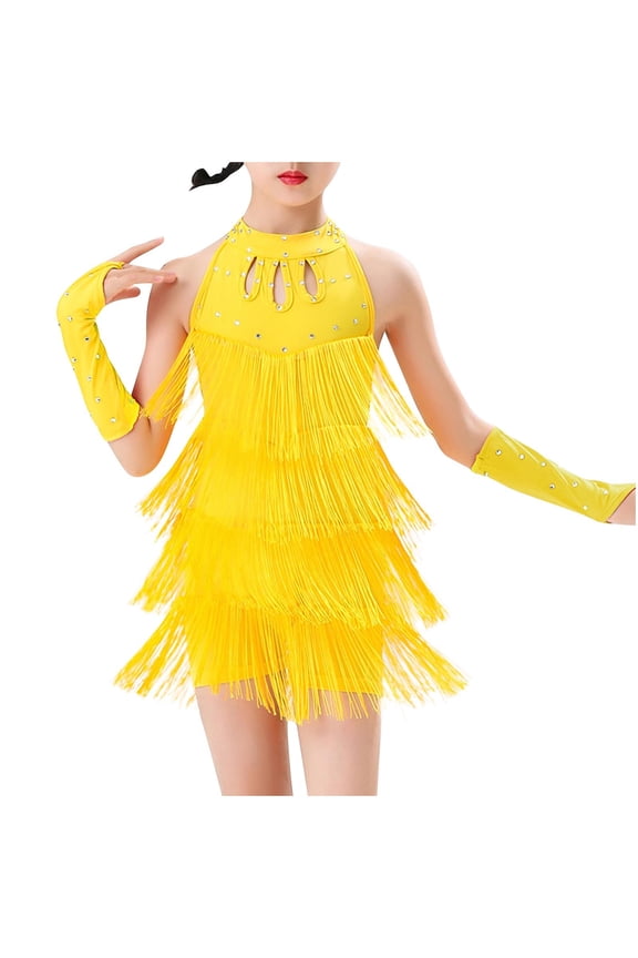 Kid's Girls Stretchy Dance Dress Practice Outfit Tassel Skirt Performance Clothes Yellow