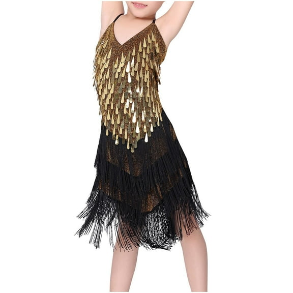 Gpaecead Kid's Sequin Camisole Dress Girls Stretchy Dance Dress Practice Outfit Tassel Dress Performance Outfit Gold