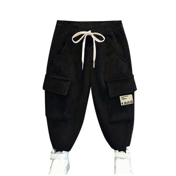 Gpaecead Kids Boys Cargo Pants Casual Solid Wide Leg Elastic Waist Loose Jogger Trousers With Pockets 3-13 Years Black