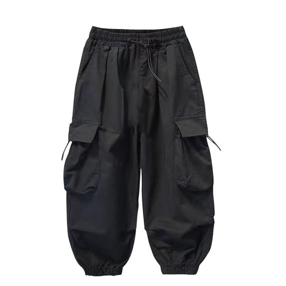 Gpaecead Kids Boys Cargo Pants Casual Solid Wide Leg Elastic Waist Loose Jogger Trousers With Pockets 5-15 Years Black