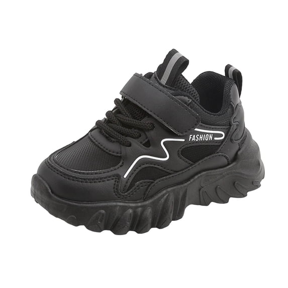 Gpaecead Kids Chunky Sneakers Hook And Loop Faux Leather Breathable Soft Sole Outdoor Casual Sneakers For Boys Girls, Black