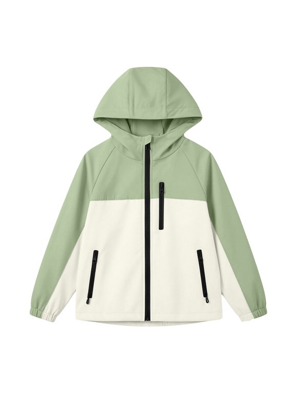 Kids Color Block Windbreaker Jacket Causal Hooded Softshell Coat with Zipper Pockets for Hiking Camping Green