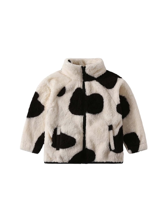 Kids Cow Print Sherpa Fleece Jacket Thick Zip Up Stand Collar Coat With Pockets For Fall Winter Causal White
