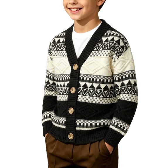 Autaum Patterns Gpaecead Kids Fair Isle Knit Cardigan V Neck Button Down Geometric ...