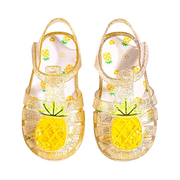 Gpaecead Kids Glitter Pineapple Print Jelly Sandals Closed Toe Adjustable Strap Non Slip Clear Sparkly Shoes For Beach, B-Yellow