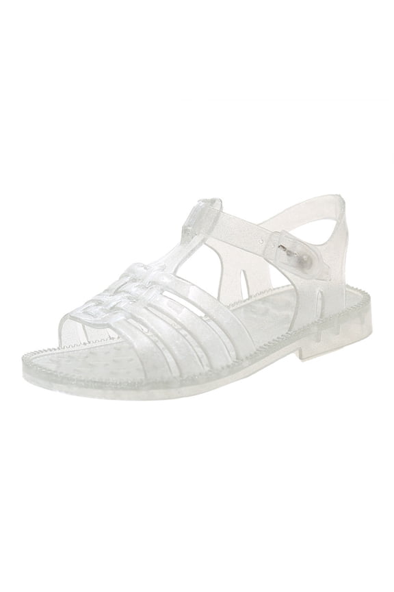 Kids Glitter Roman Jelly Sandals Open Toe Adjustable Buckle Non Slip Hollow Shoes For Beach Pool, Silver