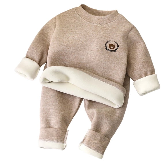 Gpaecead Kids Long Sleeve 2 Piece Set Fleece Lined Thermal Underwear Set Crew Neck Top And Pants Winter Homewear Khaki