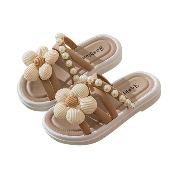 Gpaecead Kids Princess Pearl Flower Slide Sandals Thick Bottom Roman Non Slip Spring Summer Beach Shoes,B-Khaki