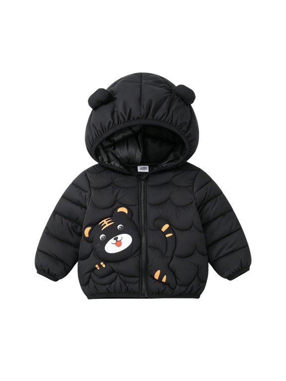 Kids Tiger Ear Hooded Cotton Jacket Cartoon Tiger Print Winter Coat with Wave Quilting for Daily Causal Black