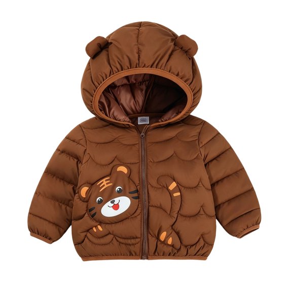 Gpaecead Kids Tiger Ear Hooded Cotton Jacket Cartoon Tiger Print Winter Coat with Wave Quilting for Daily Causal Brown