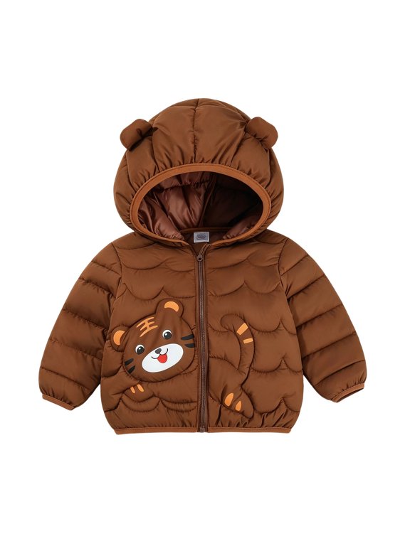 Kids Tiger Ear Hooded Cotton Jacket Cartoon Tiger Print Winter Coat with Wave Quilting for Daily Causal Brown