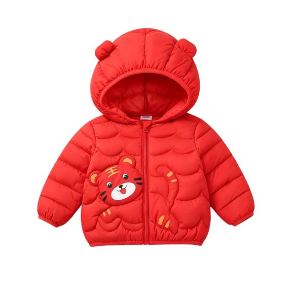Gpaecead Kids Tiger Ear Hooded Cotton Jacket Cartoon Tiger Print Winter Coat with Wave Quilting for Daily Causal Red