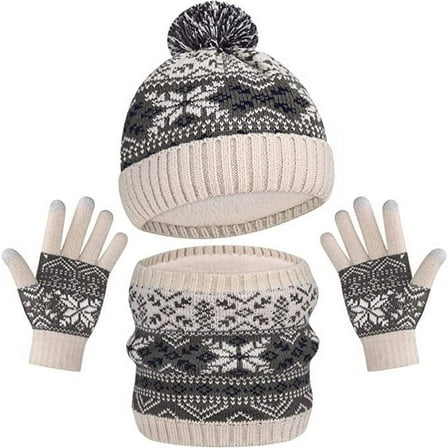 Gpaecead Kids Winter Plush Hat Warm Knit Thick Ski Head Hat Scarf Gloves Set For Girls Boys Beige