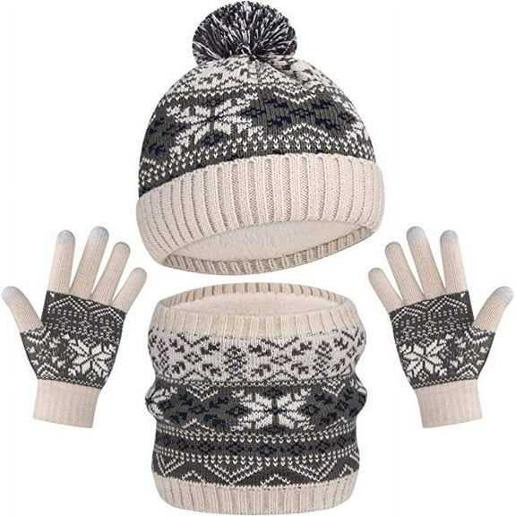 Gpaecead Kids Winter Plush Hat Warm Knit Thick Ski Head Hat Scarf Gloves Set For Girls Boys Beige