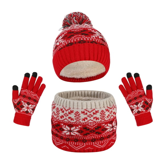 Gpaecead Kids Winter Plush Hat Warm Knit Thick Ski Head Hat Scarf Gloves Set For Girls Boys Red