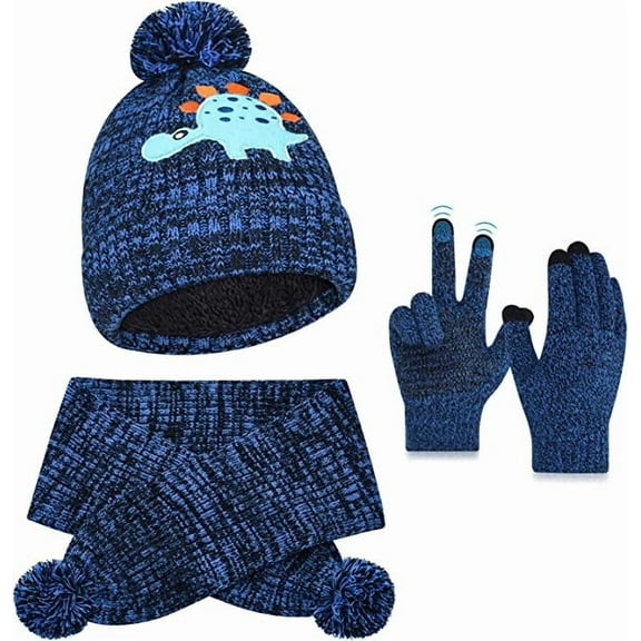 Gpaecead Kids Winter Plush Hat Warm Knit Thick Ski Head Hat Scarf Gloves Set For Toddler Girls Boys Blue