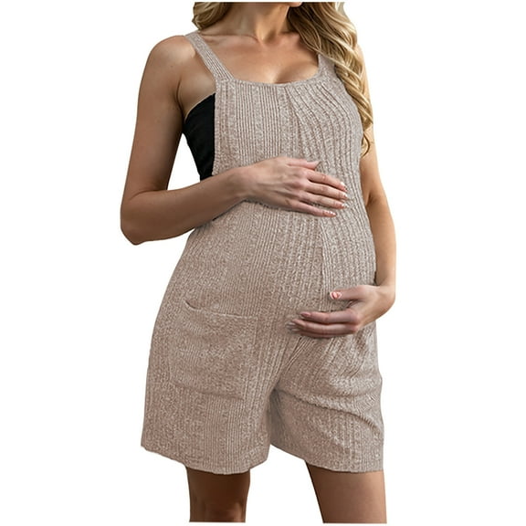 Gpaecead Maternity Rompers Women's Summer Loose Solid Jumpsuits Spaghetti Strap Pregnancy Overalls Shorts With Pockets Brown