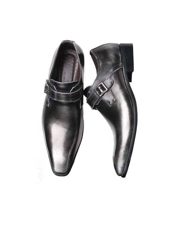 Men Single Monk Strap Formal Oxford Square Toe Breathable Faux Leather Soft Sole Office Flats For Work, Gray
